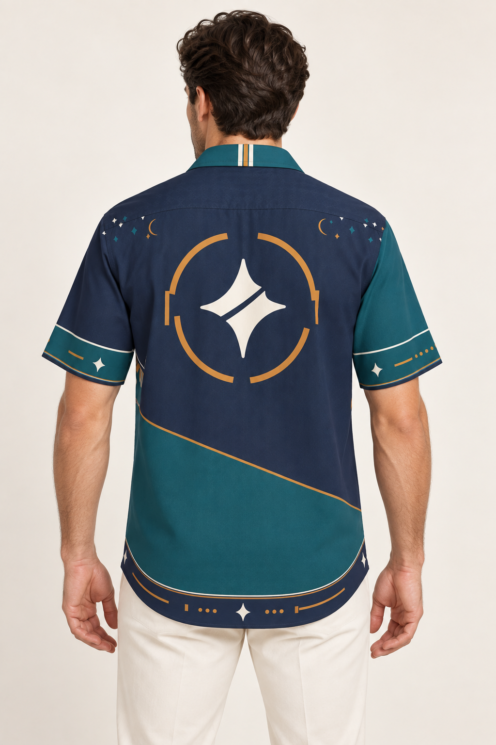 UNIKCOSA Marine Copper Atlas cotton satin shirt, back model view — AI styling illustration