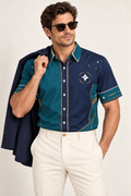UNIKCOSA Marine Copper Atlas cotton satin shirt, editorial model view — AI styling illustration