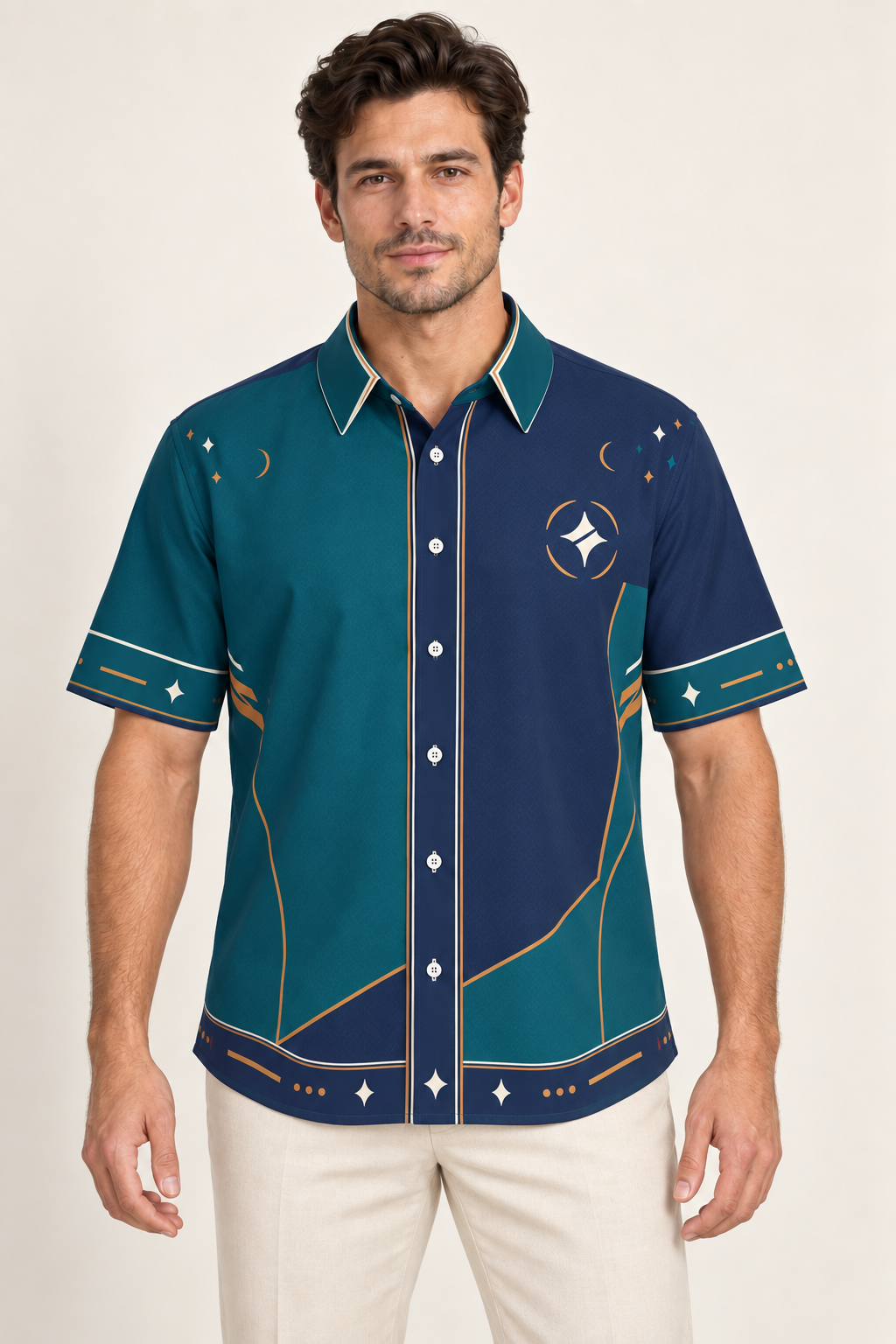 UNIKCOSA Marine Copper Atlas cotton satin shirt, front model view — AI styling illustration