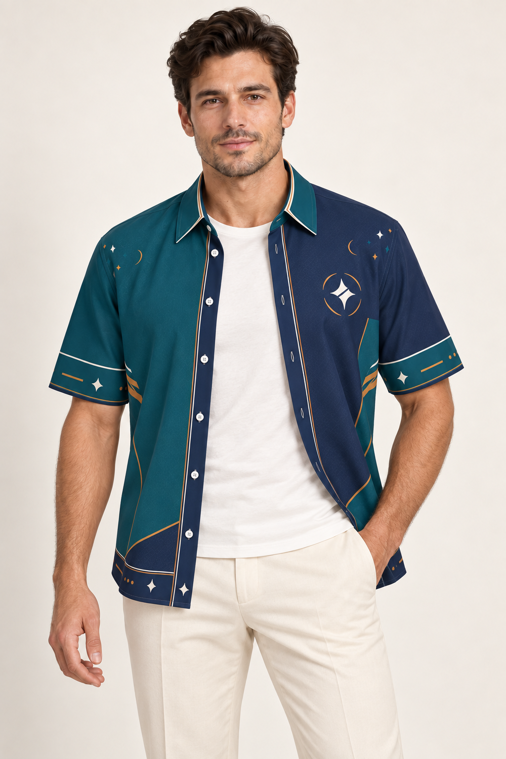 UNIKCOSA Marine Copper Atlas cotton satin shirt, open model view — AI styling illustration