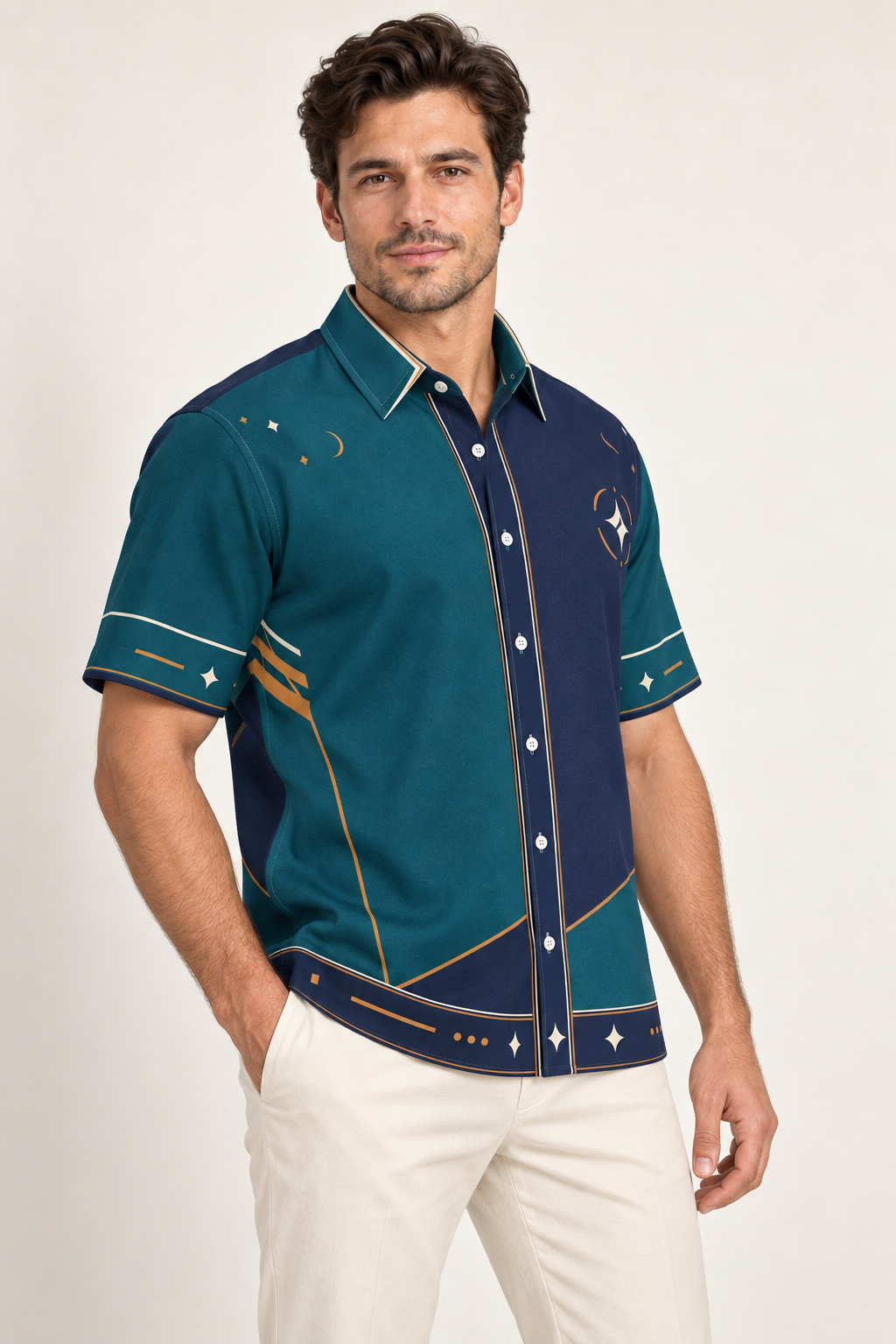 UNIKCOSA Marine Copper Atlas cotton satin shirt, side model view — AI styling illustration
