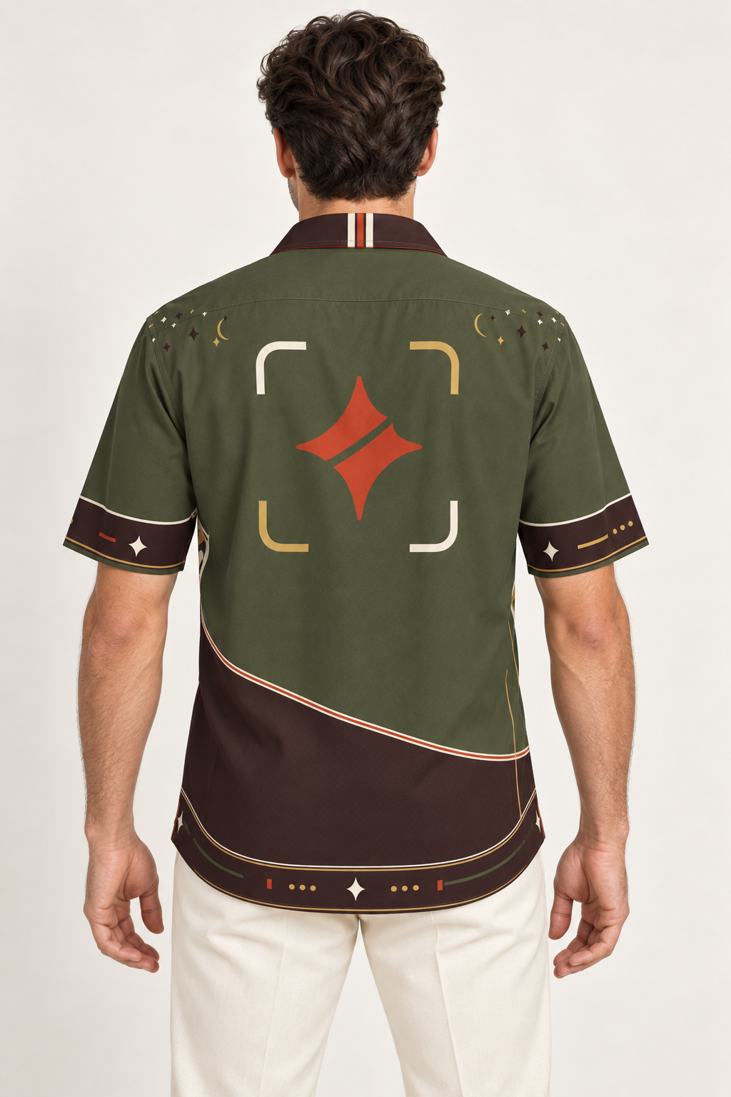 UNIKCOSA Olive Ember Terrace cotton satin shirt, back model view — AI styling illustration