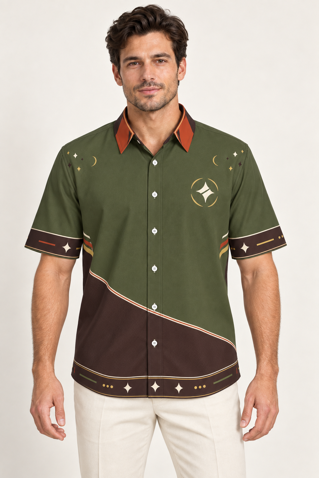 UNIKCOSA Olive Ember Terrace cotton satin shirt, front model view — AI styling illustration
