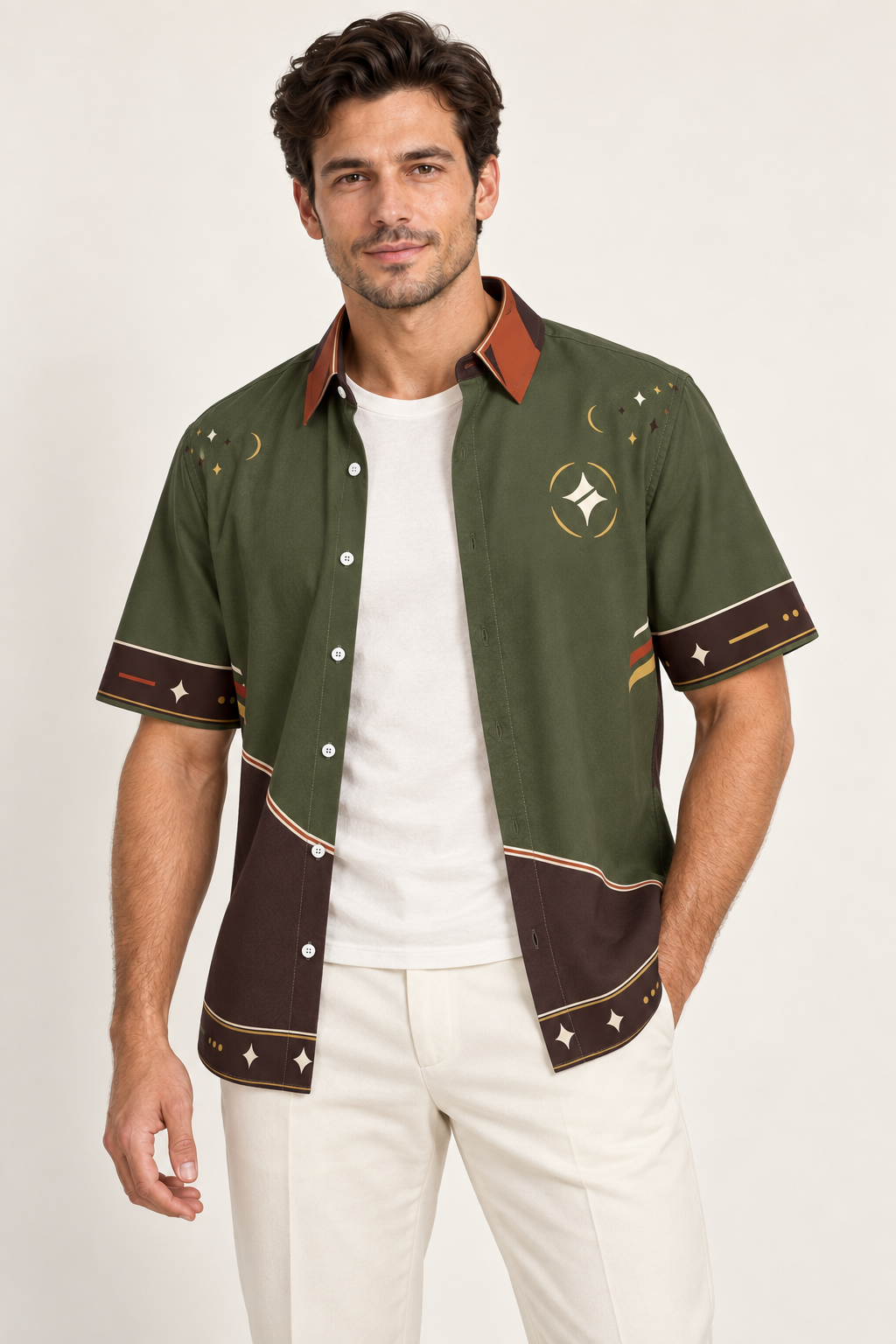UNIKCOSA Olive Ember Terrace cotton satin shirt, open model view — AI styling illustration