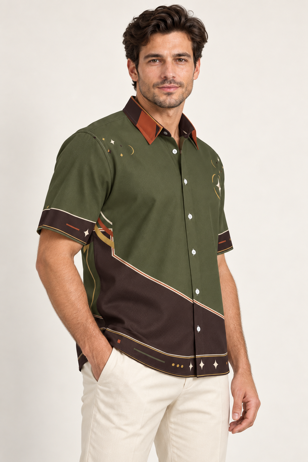 UNIKCOSA Olive Ember Terrace cotton satin shirt, side model view — AI styling illustration
