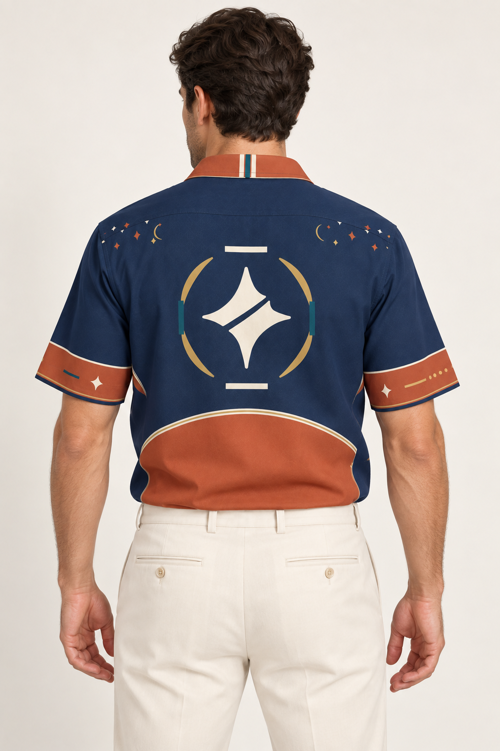 UNIKCOSA Indigo Terracotta Vista cotton satin shirt, back model view — AI styling illustration