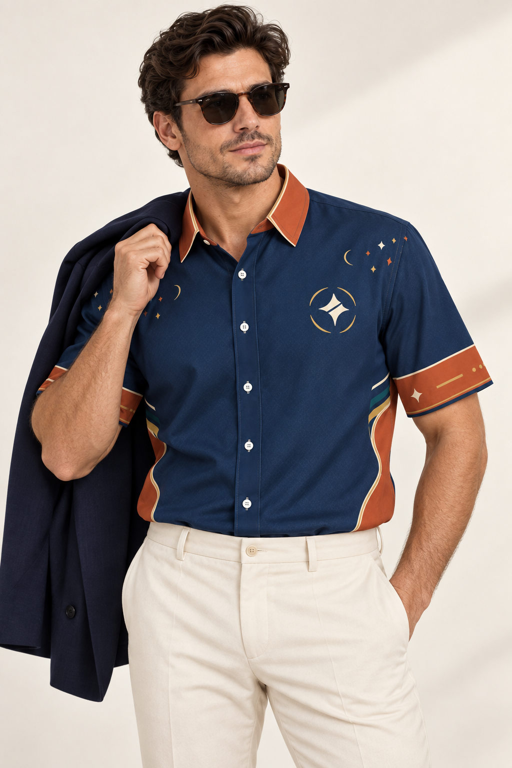 UNIKCOSA Indigo Terracotta Vista cotton satin shirt, editorial model view — AI styling illustration