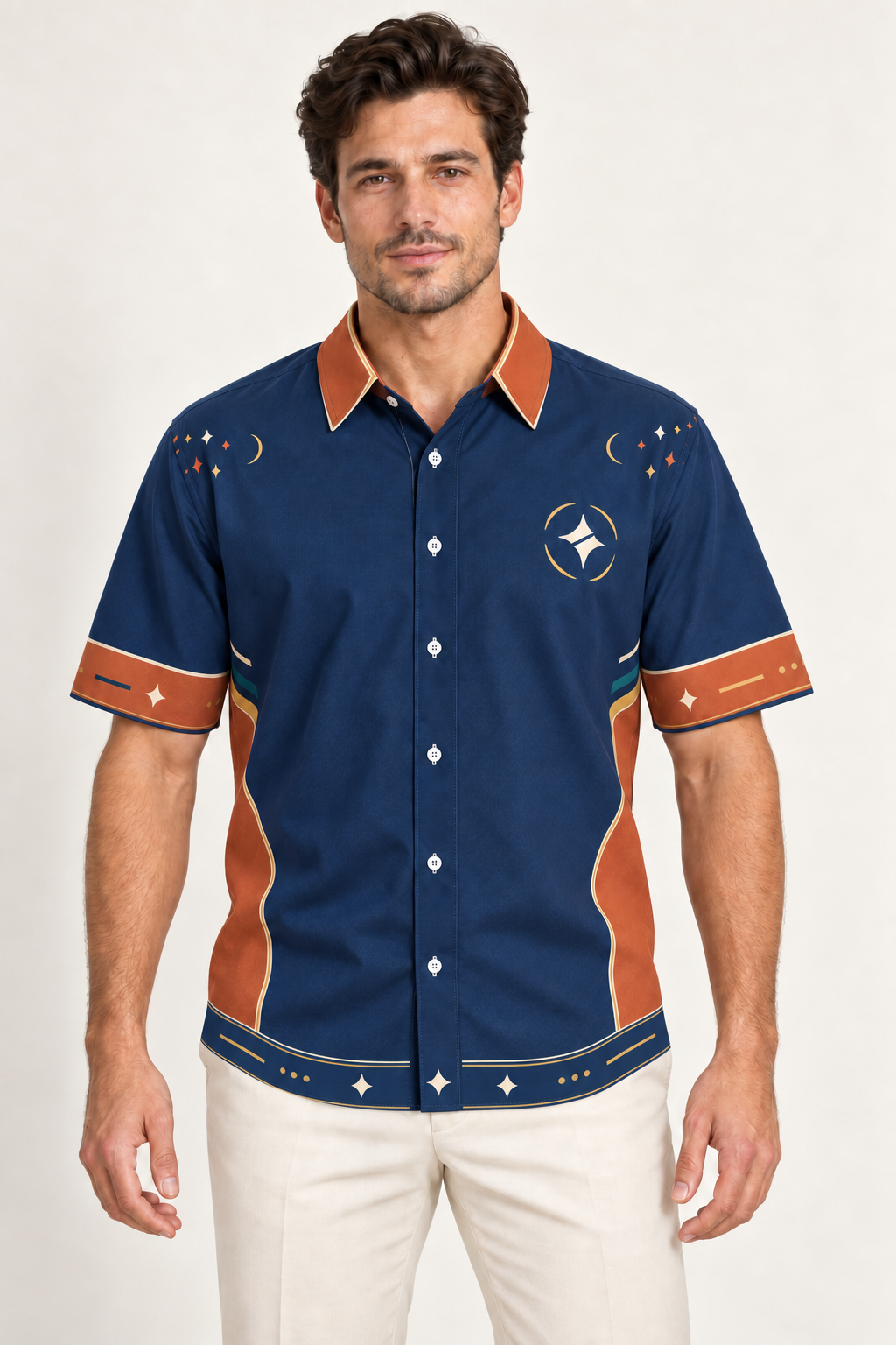 UNIKCOSA Indigo Terracotta Vista cotton satin shirt, front model view — AI styling illustration