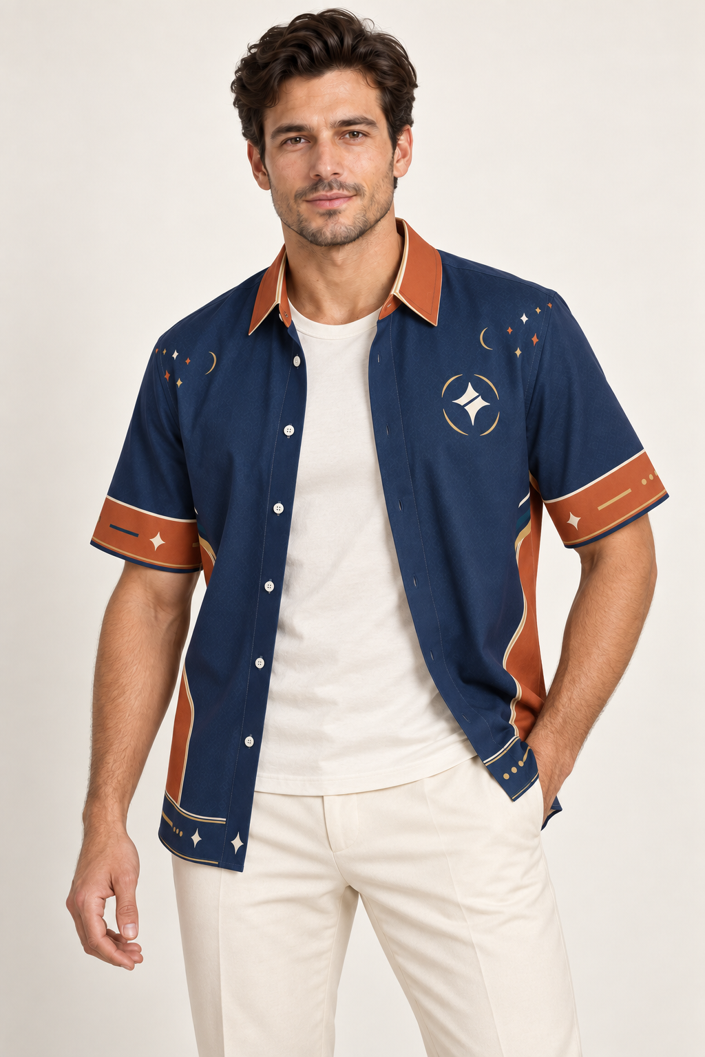 UNIKCOSA Indigo Terracotta Vista cotton satin shirt, open model view — AI styling illustration