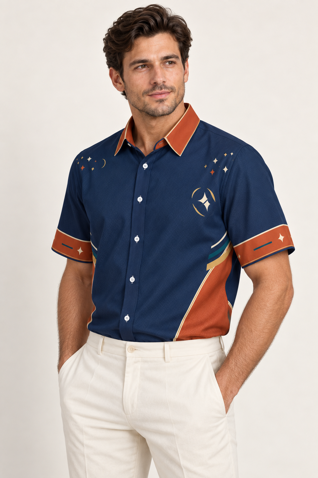 UNIKCOSA Indigo Terracotta Vista cotton satin shirt, side model view — AI styling illustration