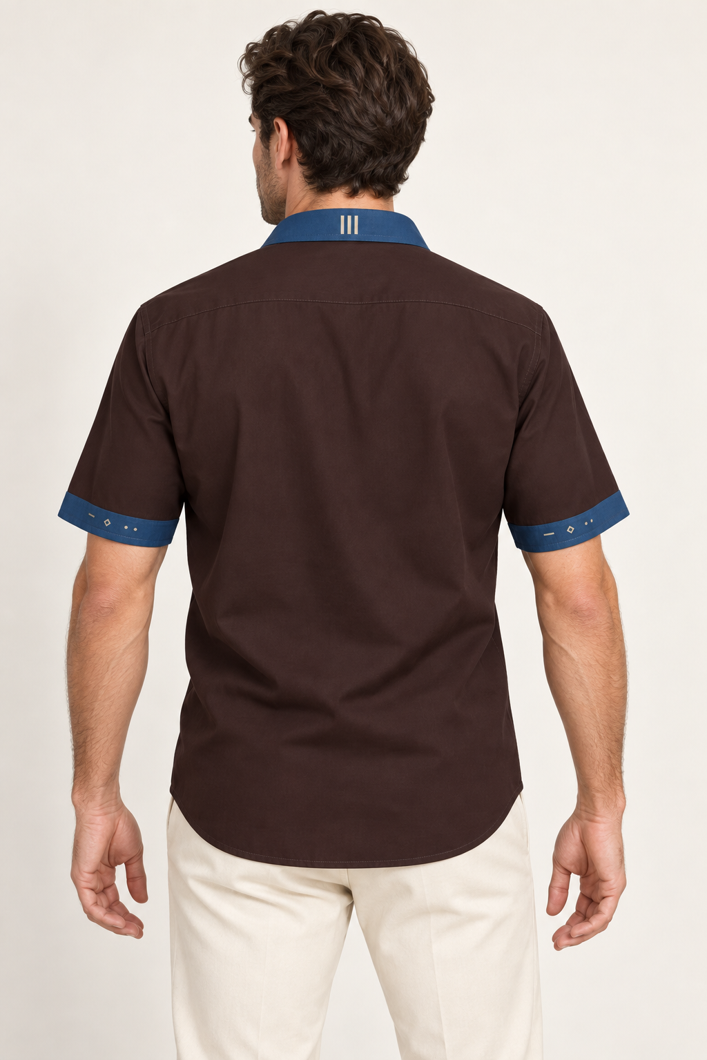 UNIKCOSA Espresso Denim cotton satin shirt, back model view — AI styling illustration