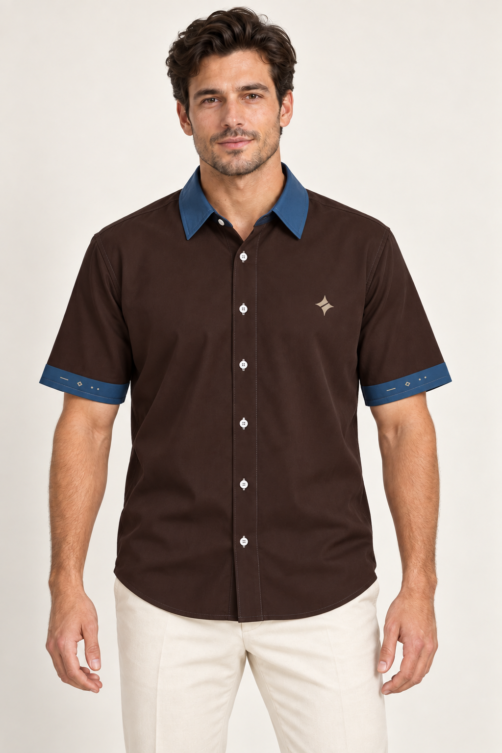 UNIKCOSA Espresso Denim cotton satin shirt, front model view — AI styling illustration
