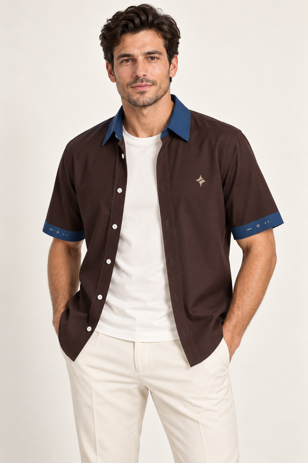 UNIKCOSA Espresso Denim cotton satin shirt, open model view — AI styling illustration