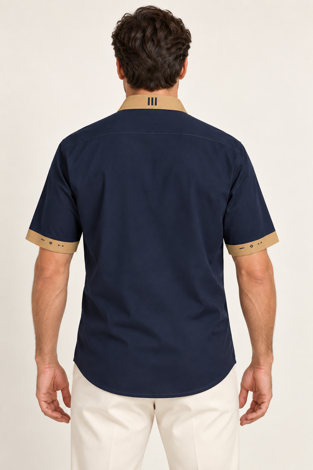 UNIKCOSA Ink Camel cotton satin shirt, back model view — AI styling illustration