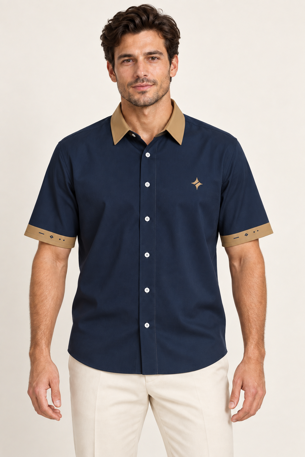 UNIKCOSA Ink Camel cotton satin shirt, front model view — AI styling illustration