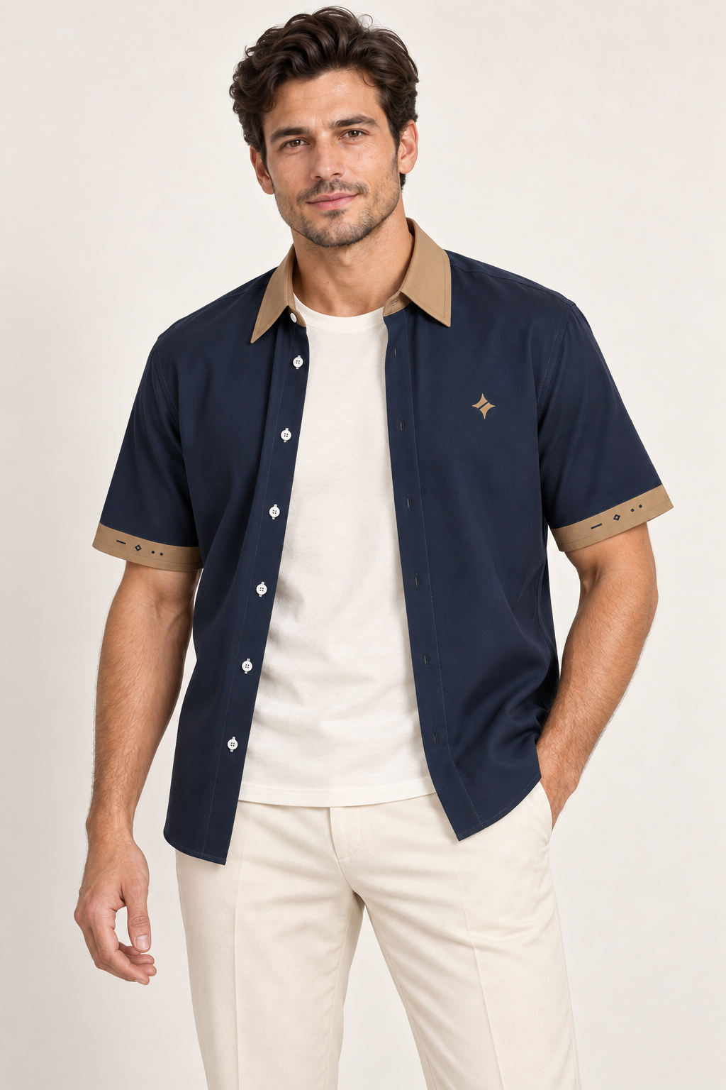 UNIKCOSA Ink Camel cotton satin shirt, open model view — AI styling illustration