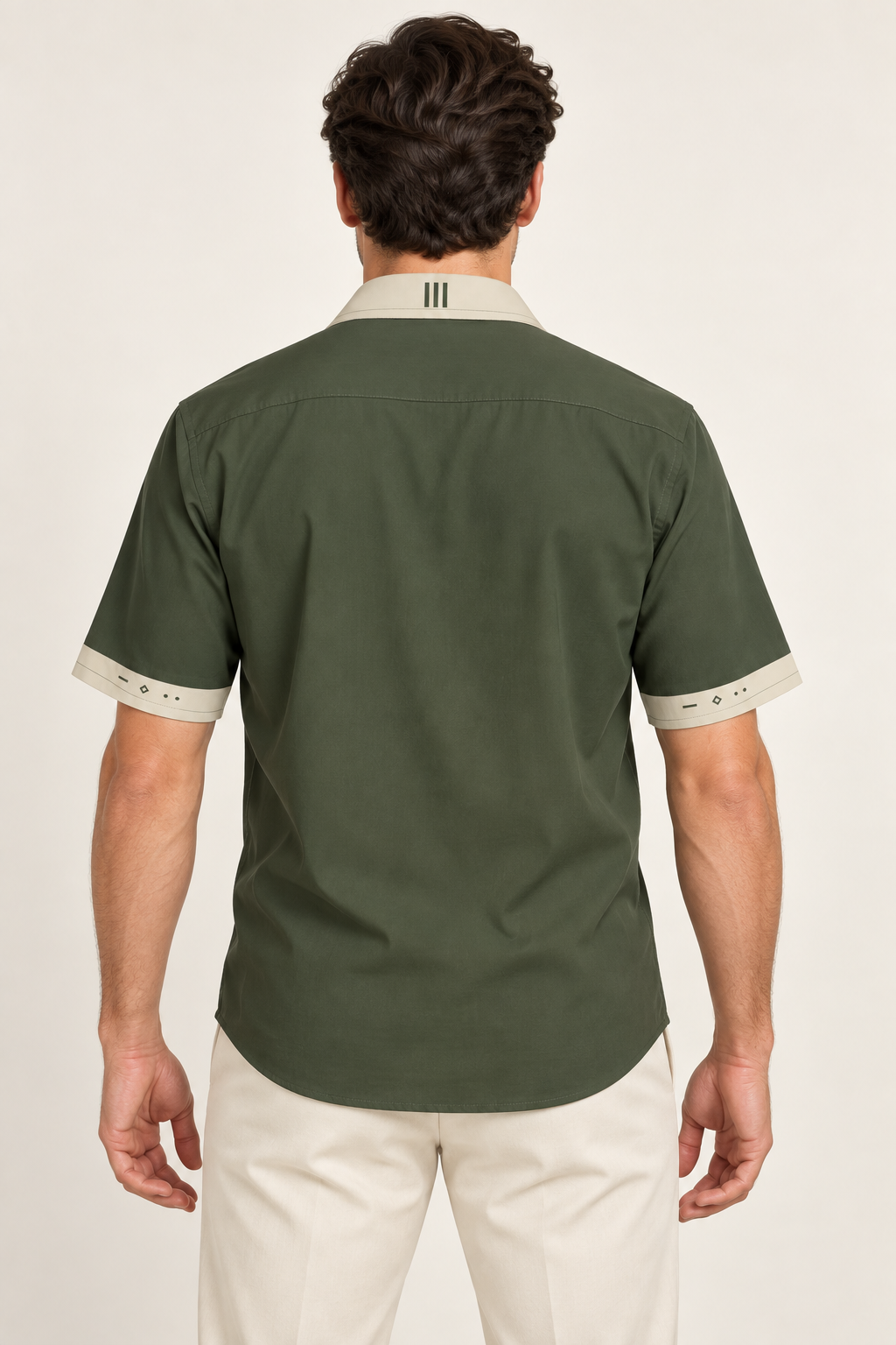 UNIKCOSA Olive Stone cotton satin shirt, back model view — AI styling illustration