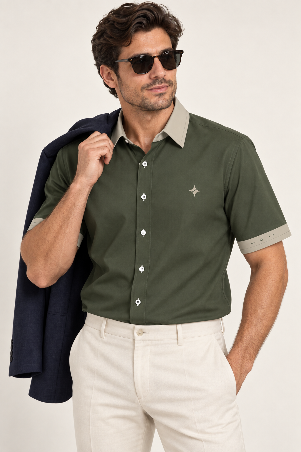 UNIKCOSA Olive Stone cotton satin shirt, editorial model view — AI styling illustration