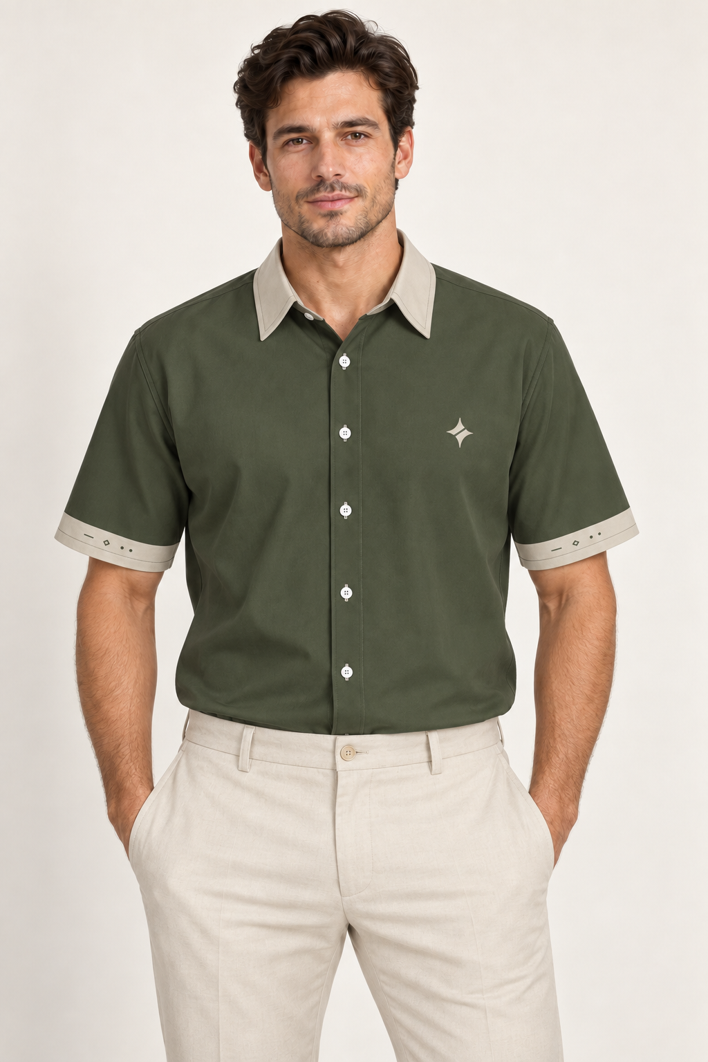 UNIKCOSA Olive Stone cotton satin shirt, front model view — AI styling illustration