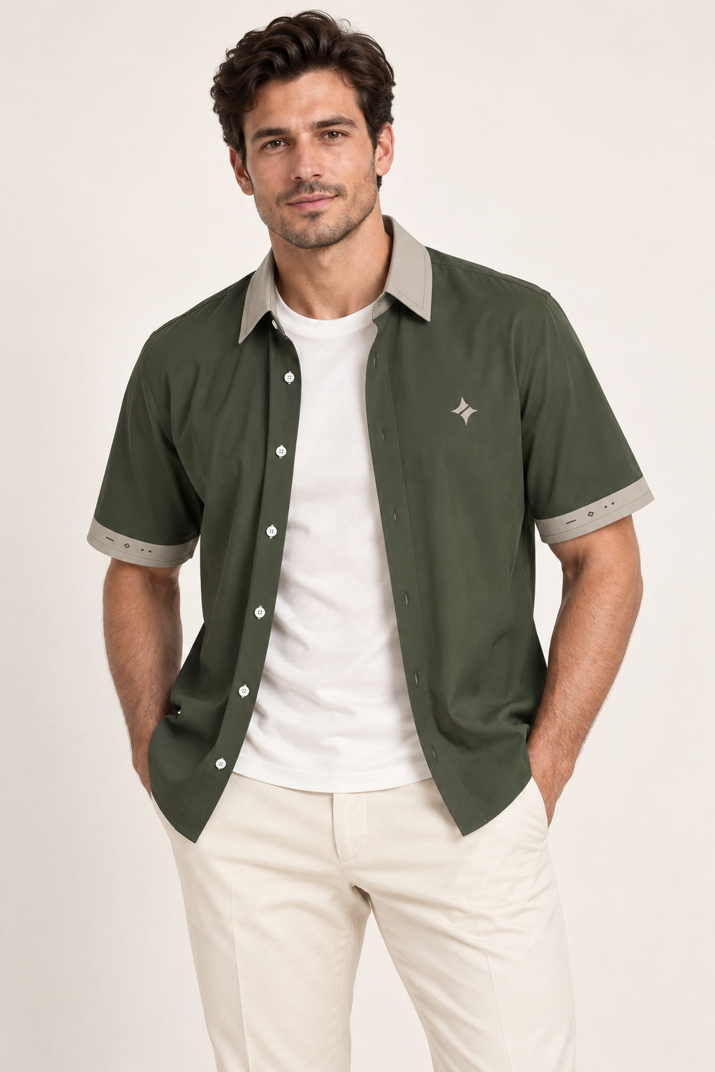 UNIKCOSA Olive Stone cotton satin shirt, open model view — AI styling illustration