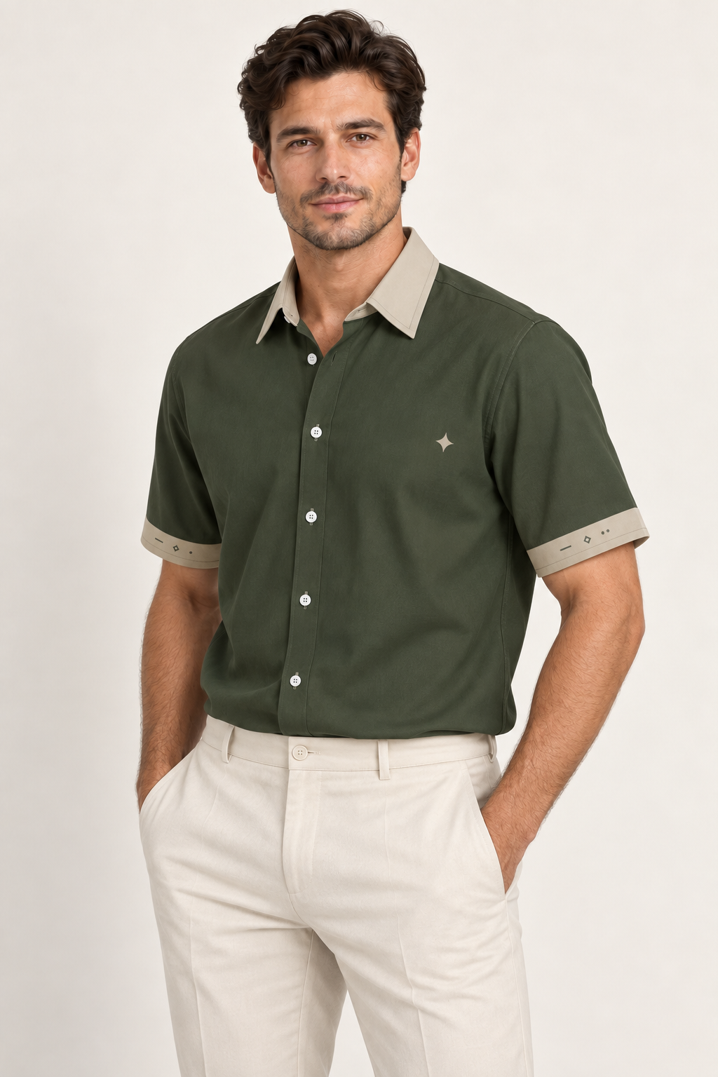 UNIKCOSA Olive Stone cotton satin shirt, side model view — AI styling illustration