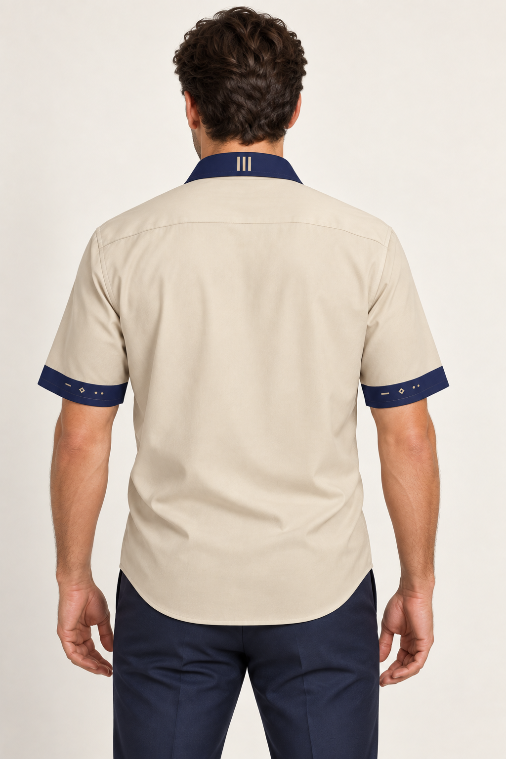 UNIKCOSA Oat Indigo cotton satin shirt, back model view — AI styling illustration