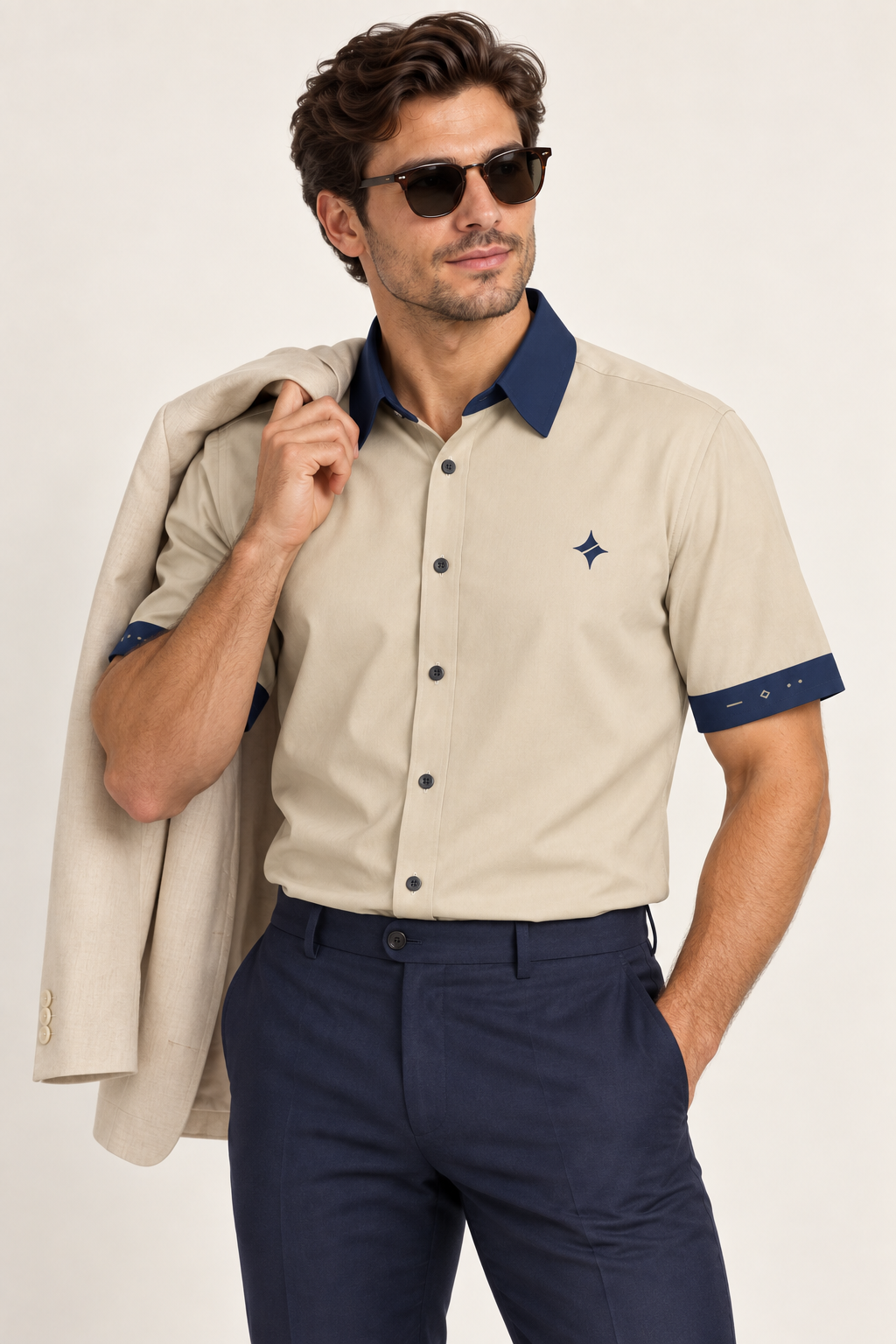 UNIKCOSA Oat Indigo cotton satin shirt, editorial model view — AI styling illustration