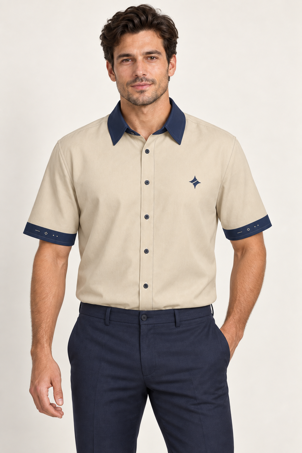 UNIKCOSA Oat Indigo cotton satin shirt, front model view — AI styling illustration