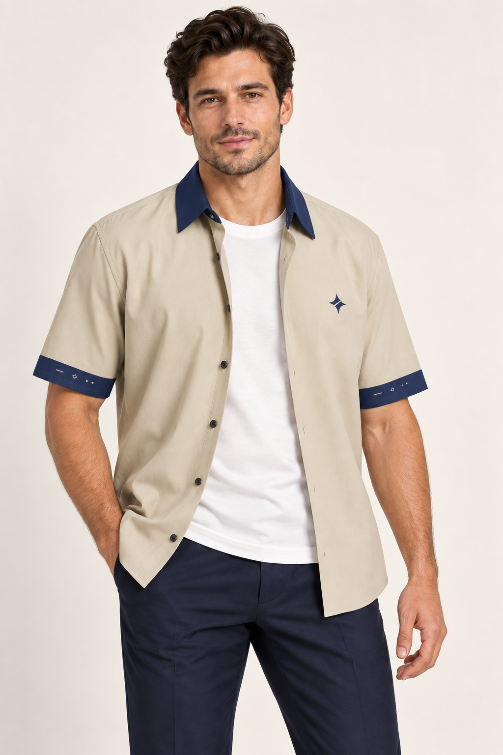 UNIKCOSA Oat Indigo cotton satin shirt, open model view — AI styling illustration