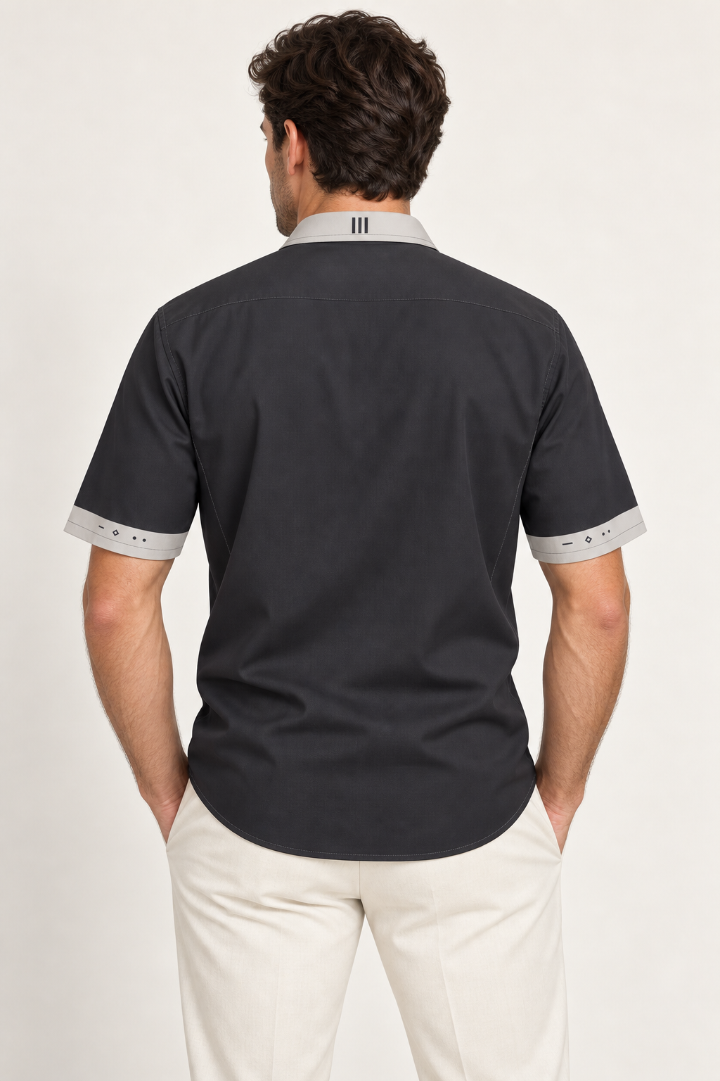 UNIKCOSA Graphite Pearl cotton satin shirt, back model view — AI styling illustration