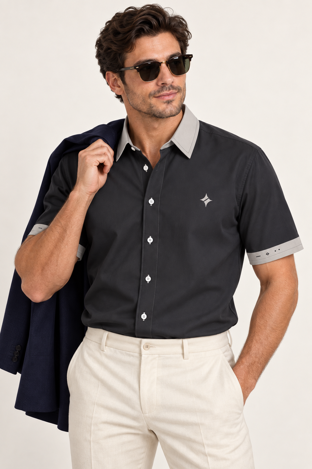UNIKCOSA Graphite Pearl cotton satin shirt, editorial model view — AI styling illustration