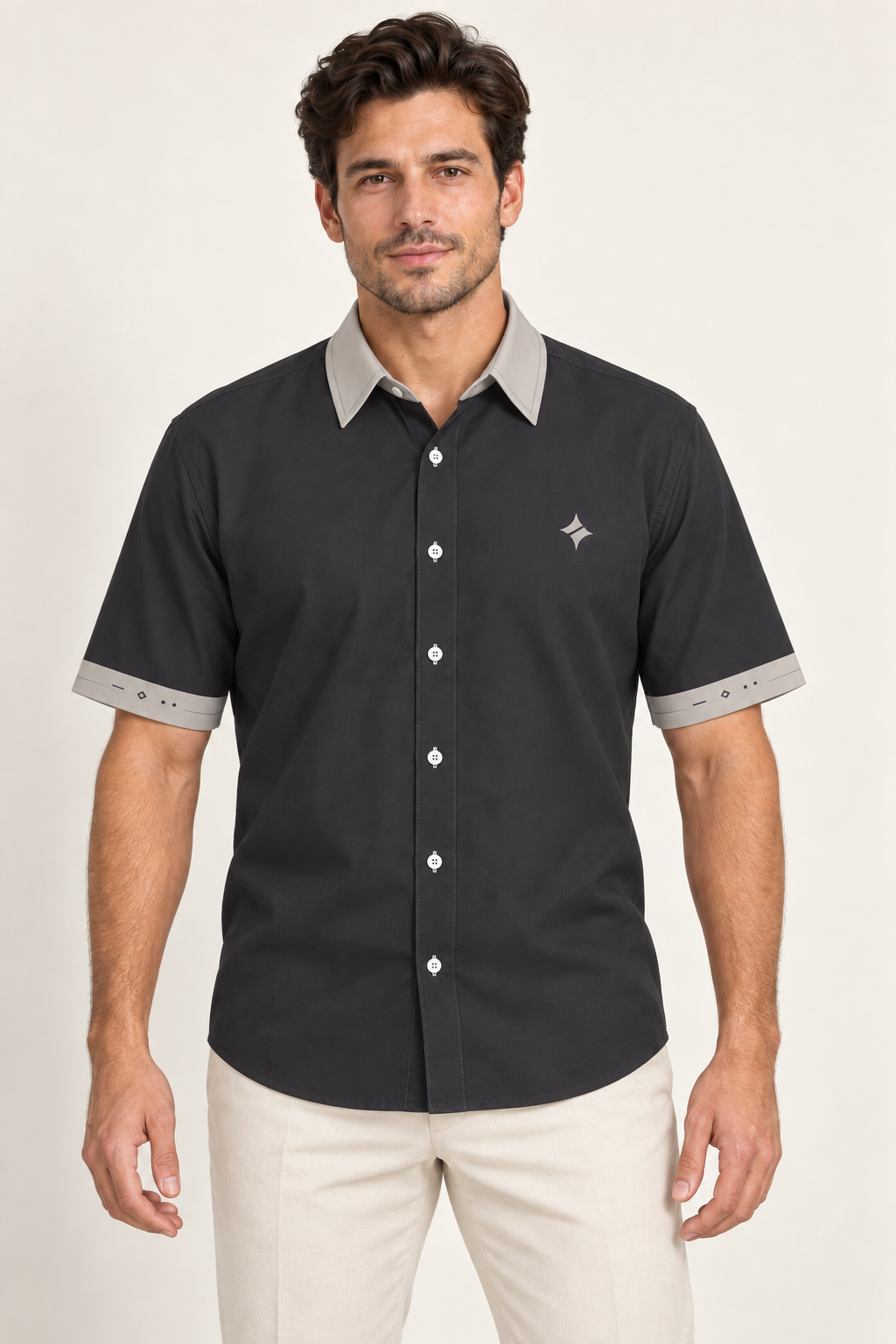 UNIKCOSA Graphite Pearl cotton satin shirt, front model view — AI styling illustration