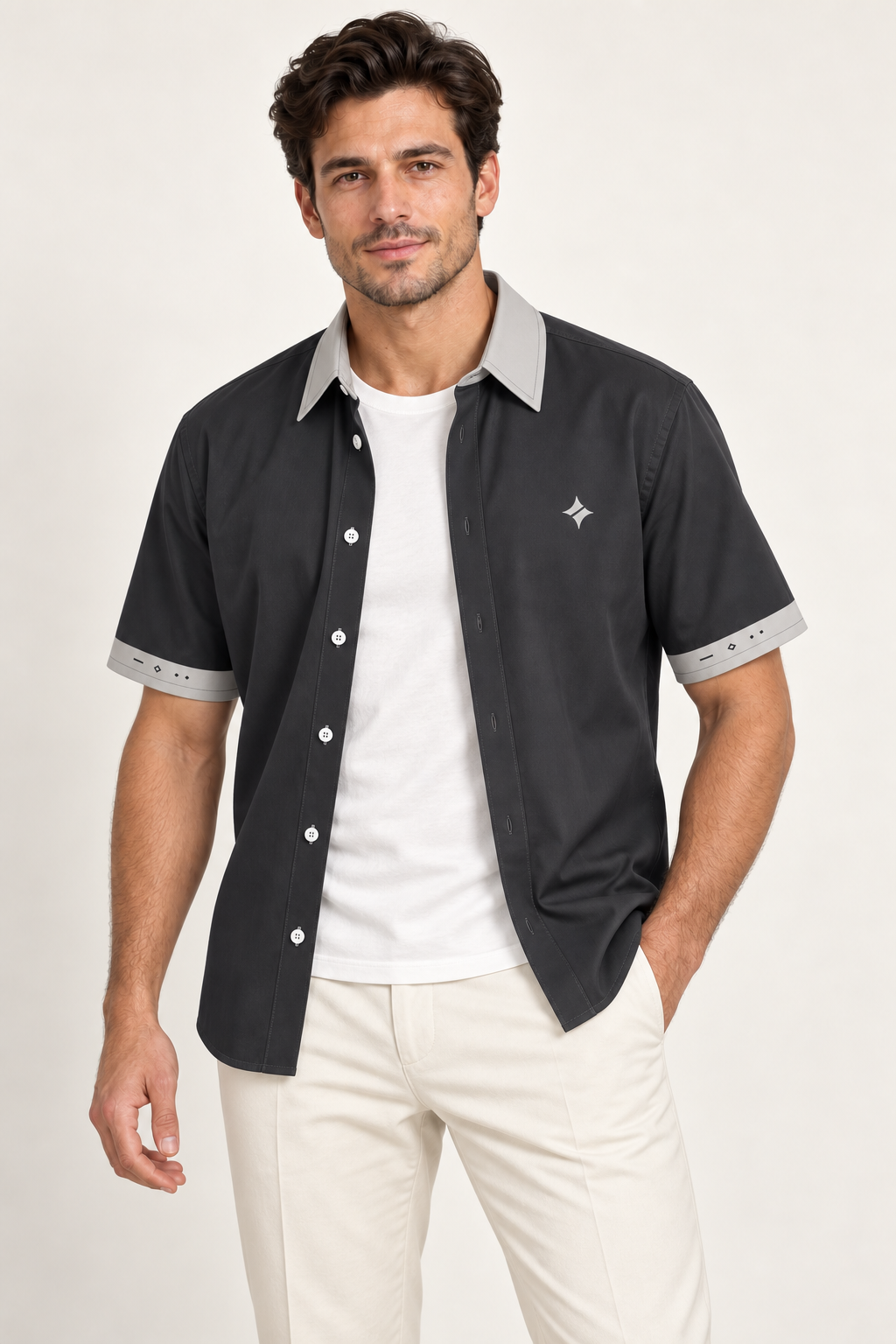 UNIKCOSA Graphite Pearl cotton satin shirt, open model view — AI styling illustration