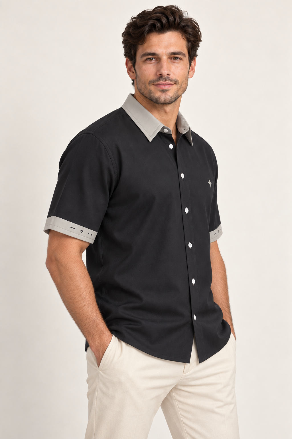 UNIKCOSA Graphite Pearl cotton satin shirt, side model view — AI styling illustration