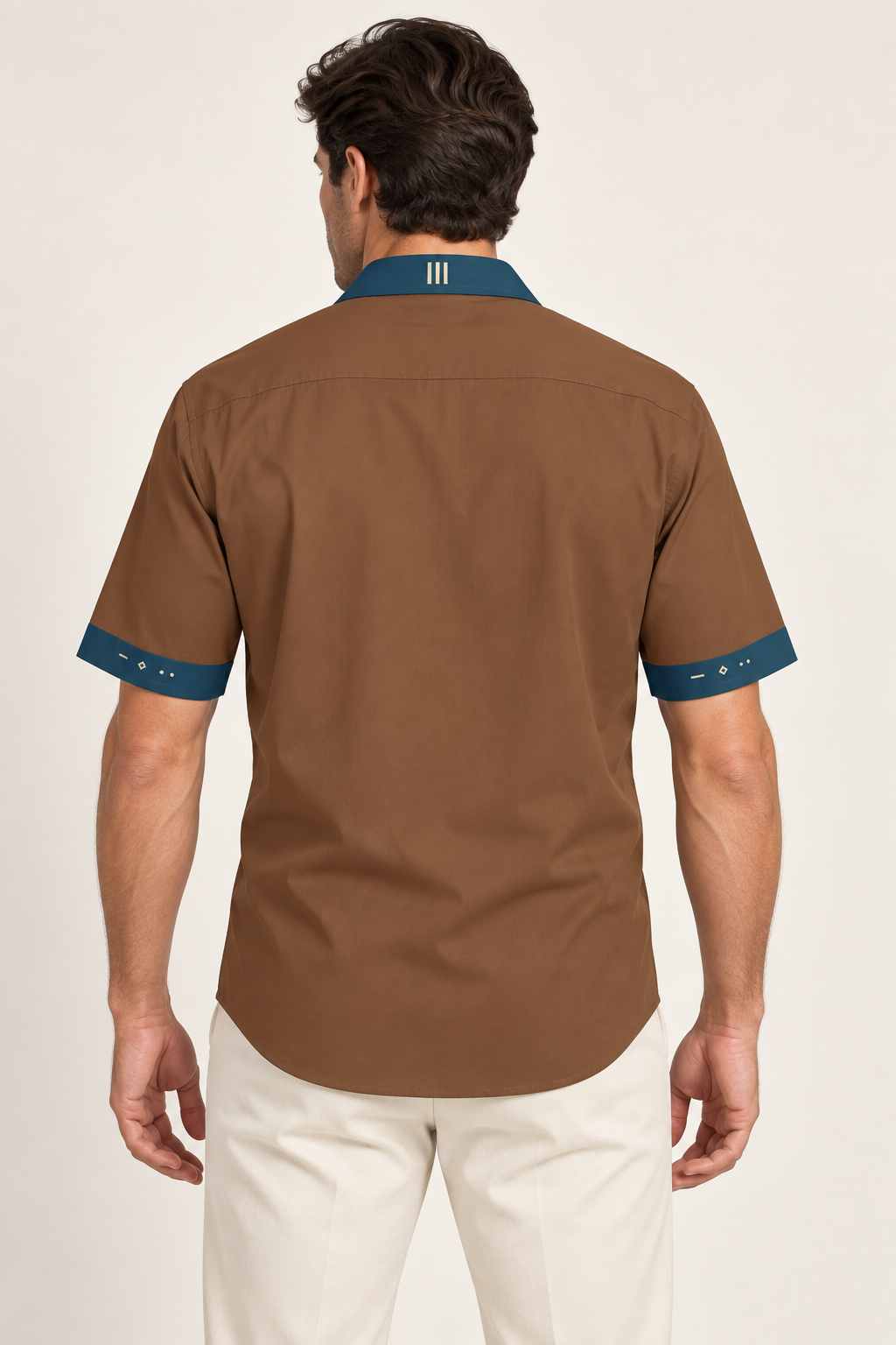 UNIKCOSA Tobacco Petrol cotton satin shirt, back model view — AI styling illustration