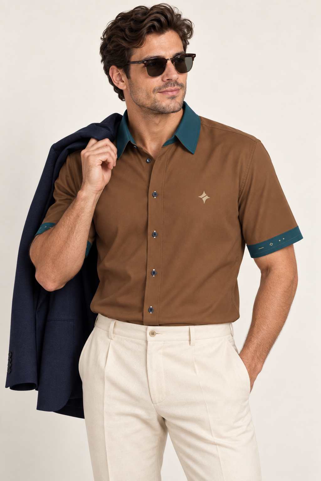 UNIKCOSA Tobacco Petrol cotton satin shirt, editorial model view — AI styling illustration