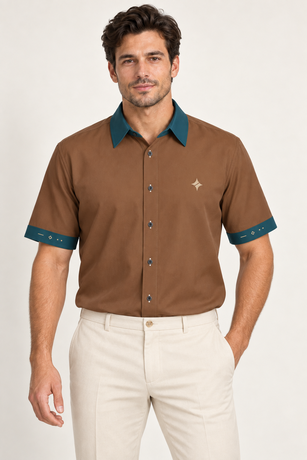 UNIKCOSA Tobacco Petrol cotton satin shirt, front model view — AI styling illustration