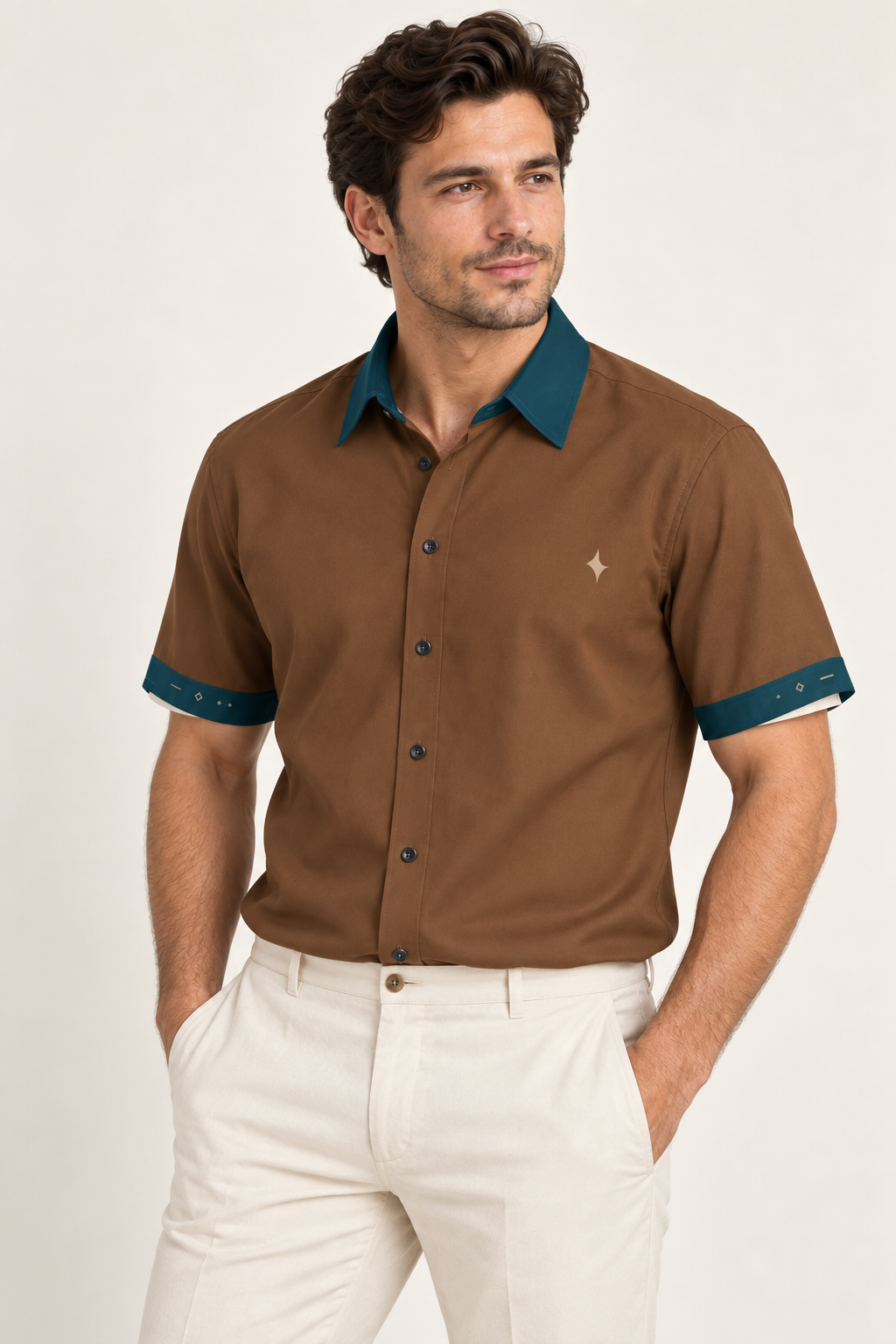 UNIKCOSA Tobacco Petrol cotton satin shirt, side model view — AI styling illustration