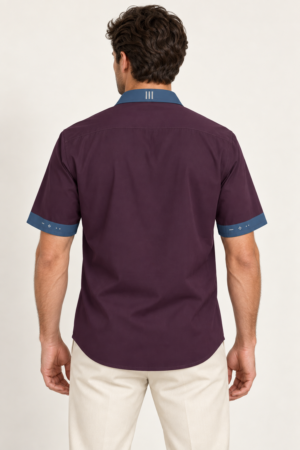 UNIKCOSA Plum Slate cotton satin shirt, back model view — AI styling illustration