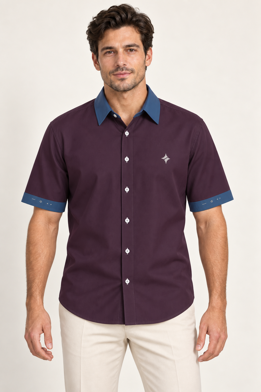 UNIKCOSA Plum Slate cotton satin shirt, front model view — AI styling illustration