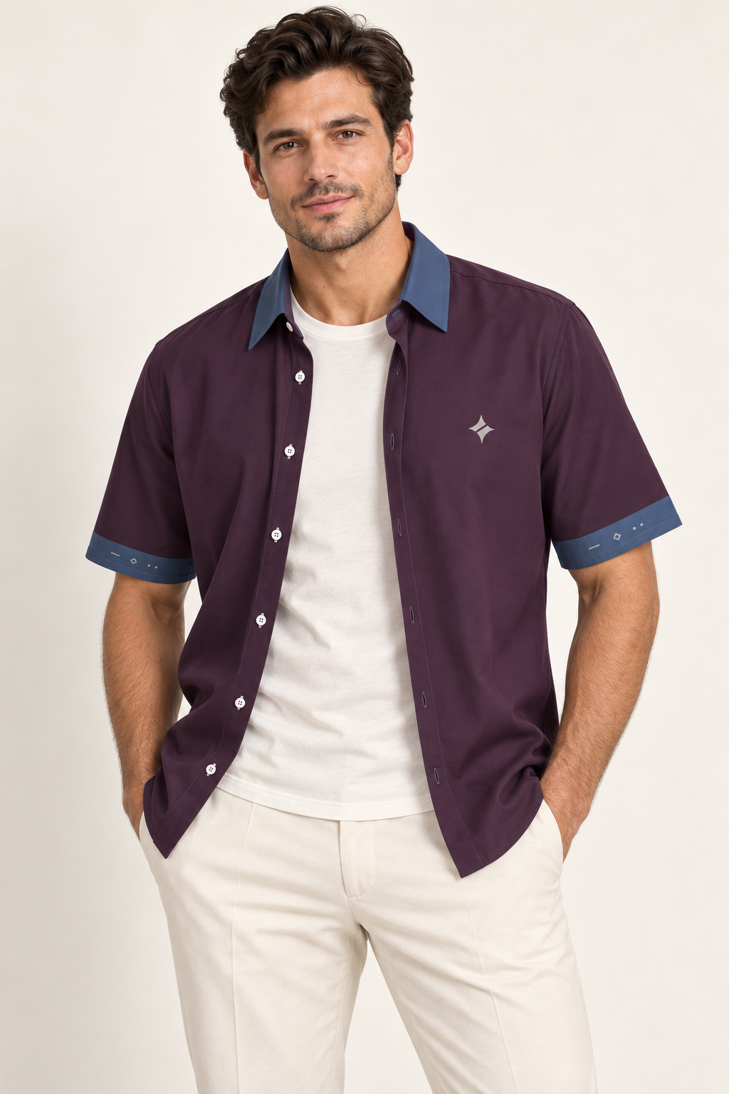 UNIKCOSA Plum Slate cotton satin shirt, open model view — AI styling illustration