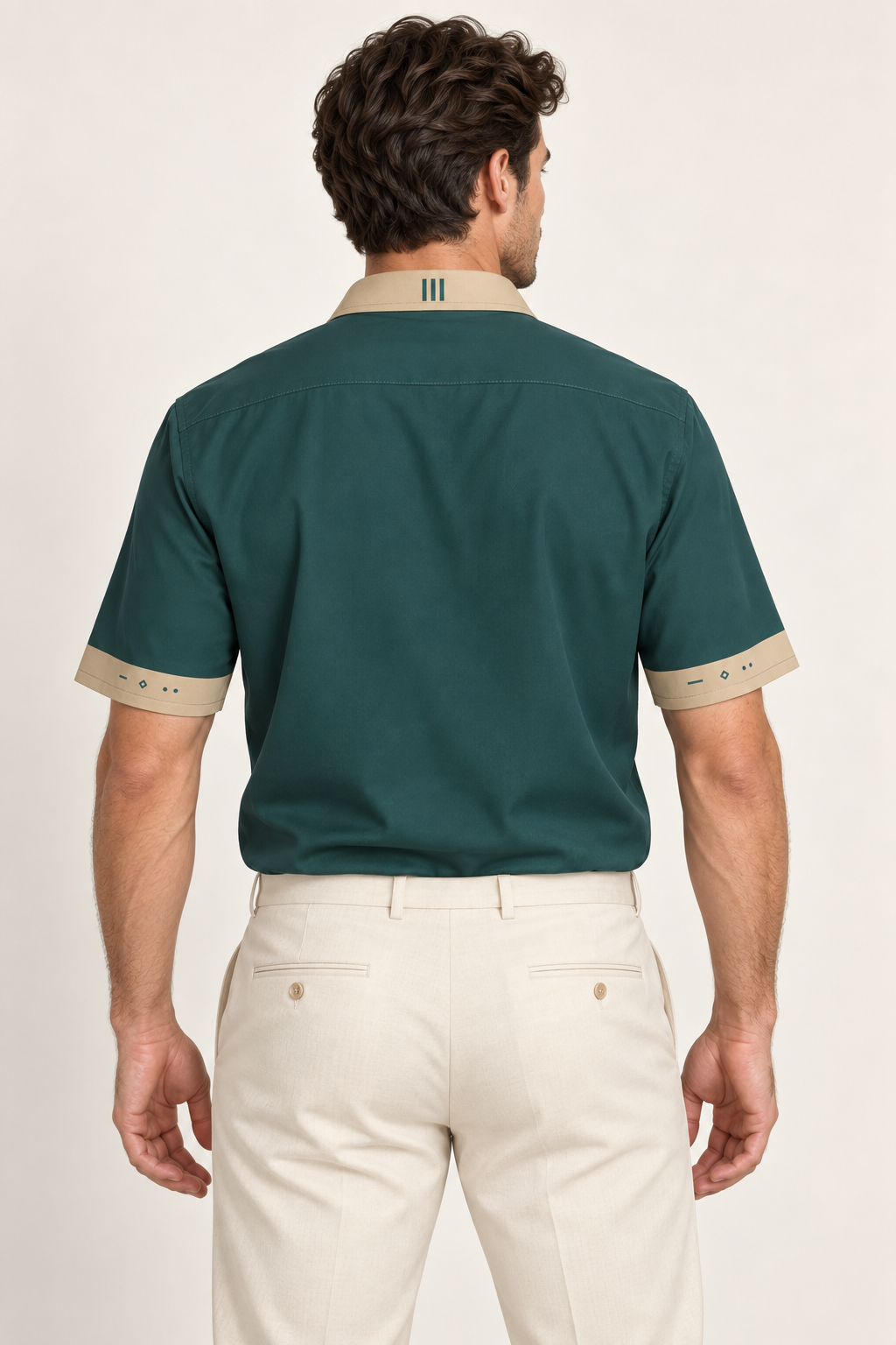 UNIKCOSA Teal Sand cotton satin shirt, back model view — AI styling illustration