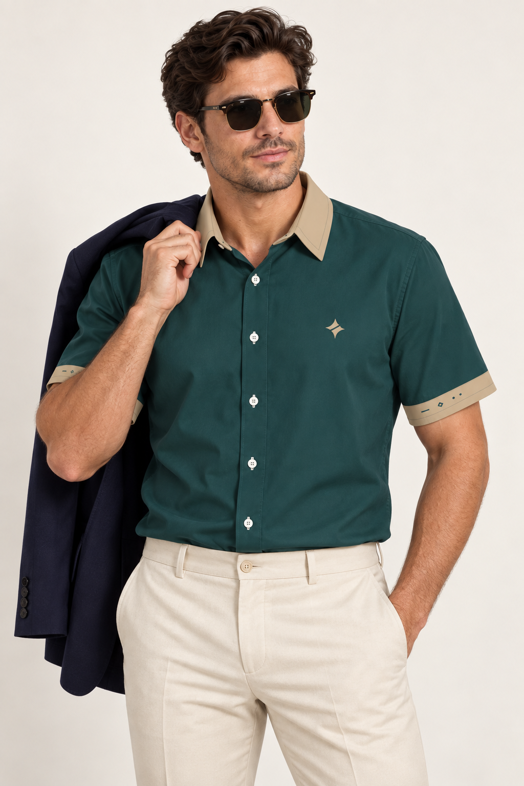 UNIKCOSA Teal Sand cotton satin shirt, editorial model view — AI styling illustration