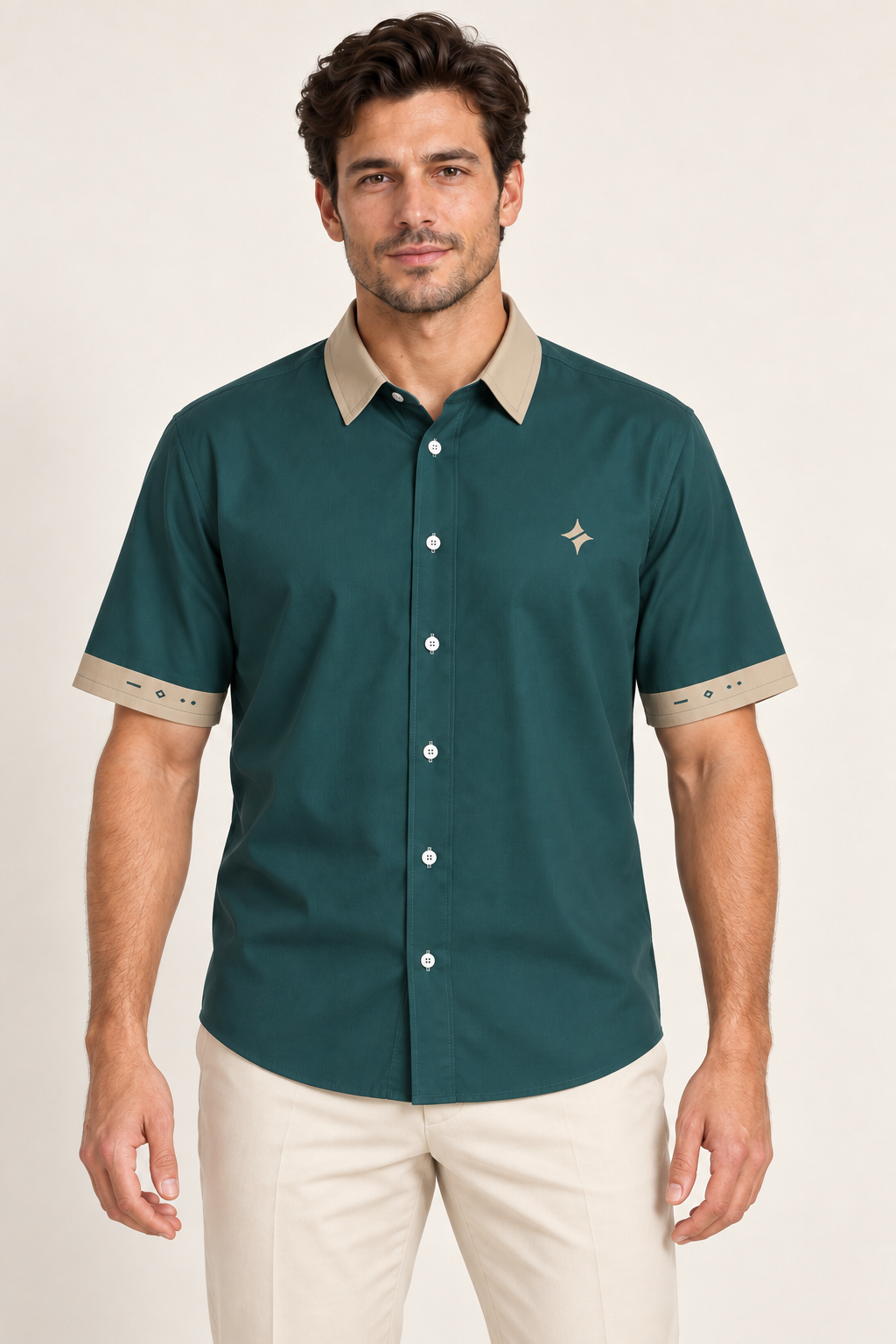 UNIKCOSA Teal Sand cotton satin shirt, front model view — AI styling illustration