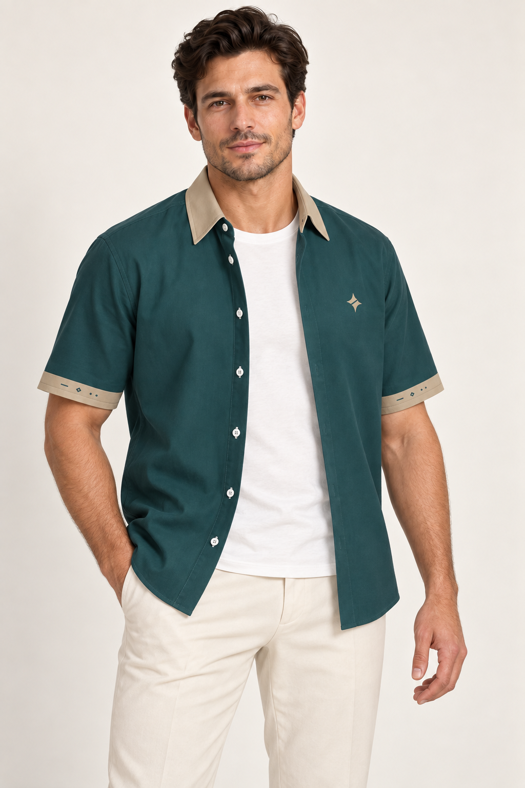 UNIKCOSA Teal Sand cotton satin shirt, open model view — AI styling illustration