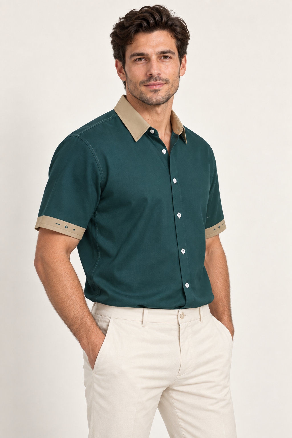 UNIKCOSA Teal Sand cotton satin shirt, side model view — AI styling illustration