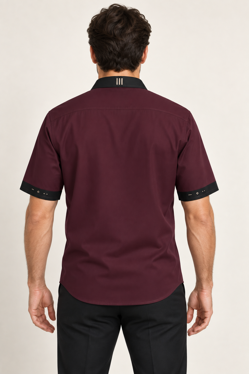 UNIKCOSA Burgundy Noir cotton satin shirt, back model view — AI styling illustration