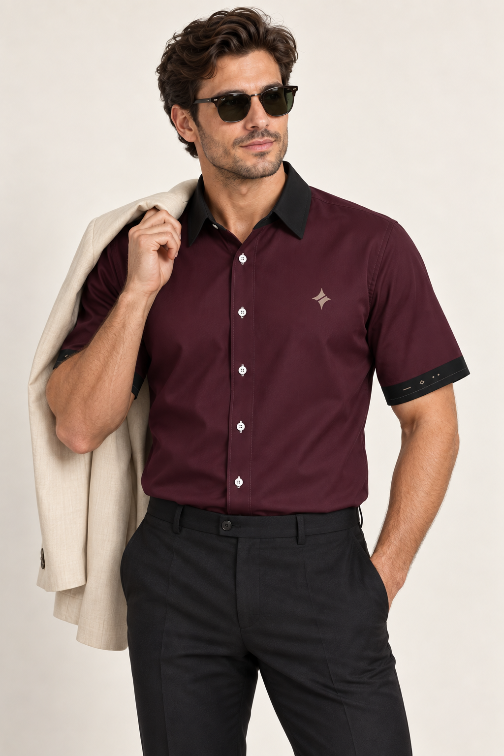 UNIKCOSA Burgundy Noir cotton satin shirt, editorial model view — AI styling illustration