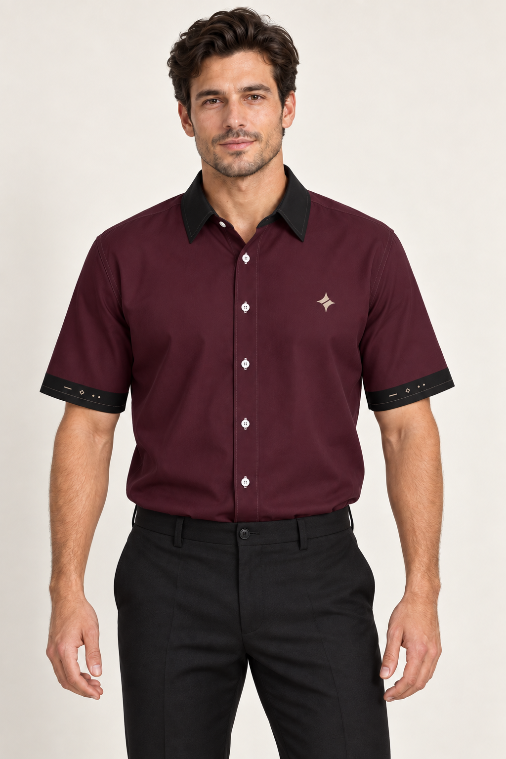 UNIKCOSA Burgundy Noir cotton satin shirt, front model view — AI styling illustration
