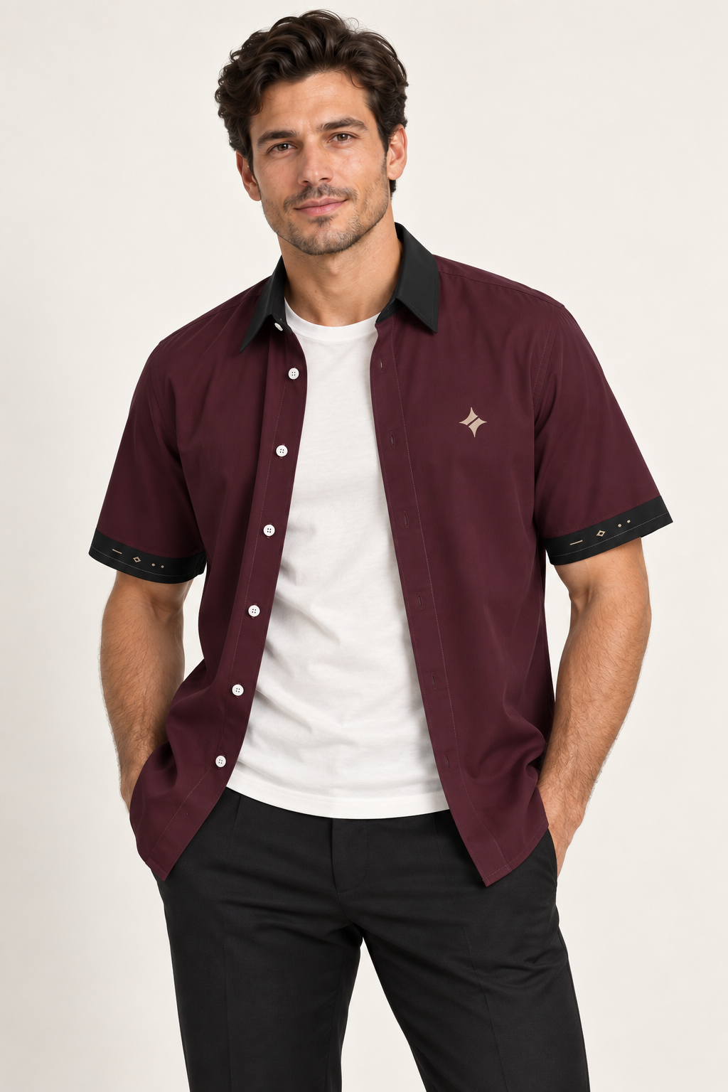 UNIKCOSA Burgundy Noir cotton satin shirt, open model view — AI styling illustration
